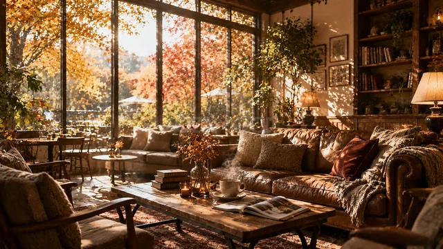 本棚とソファがある紅葉の居心地よいブックカフェ背景