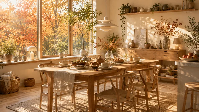紅葉の大窓と白い家具の明るいキッチンダイニング背景