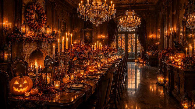 シャンデリアとジャックオランタンが輝く豪華なハロウィンホール背景（高画質PNG）