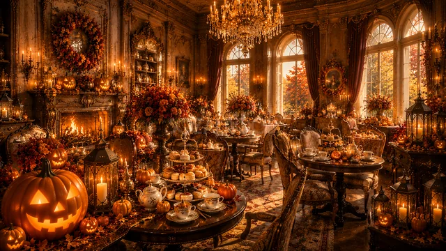 暖炉とスイーツテーブルを飾った豪華なハロウィン室内背景（高画質PNG）