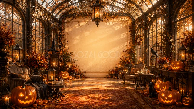 ガラス張りの温室とかぼちゃを飾ったハロウィン背景（高画質PNG）