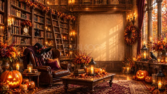 本棚・革張り椅子と大きな余白のハロウィン背景（高画質PNG）