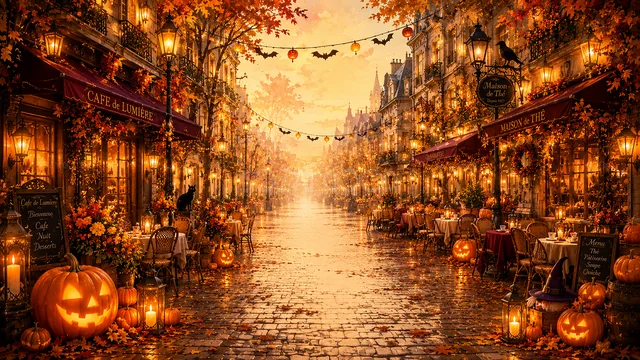 夕暮れのカフェとジャックオランタンが並ぶハロウィン街並み背景（高画質PNG）