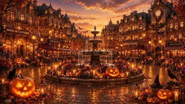 噴水とかぼちゃが輝く夕暮れのハロウィン広場背景（高画質PNG）
