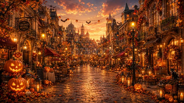 夕焼けに染まるヨーロッパ風ハロウィン大通り背景（高画質PNG）