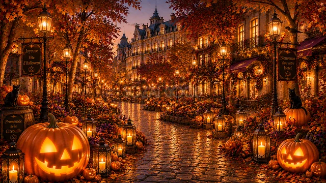 ランタンとかぼちゃが連なる夜のハロウィン街並み背景（高画質PNG）