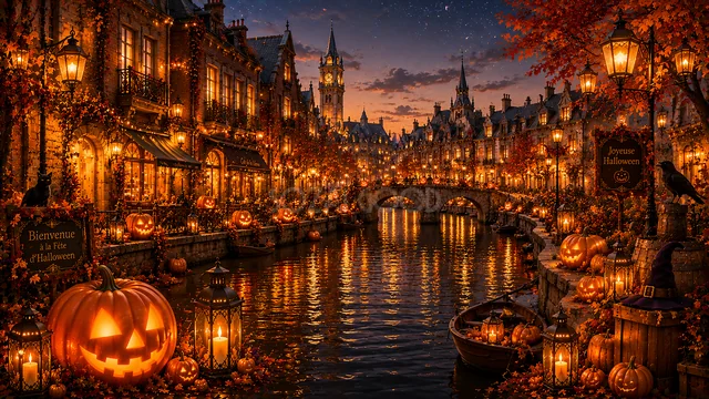 運河沿いのランタンとかぼちゃが光るハロウィン街背景（高画質PNG）