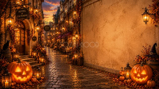 ホテルの路地と大きな余白があるハロウィン街背景（高画質PNG）