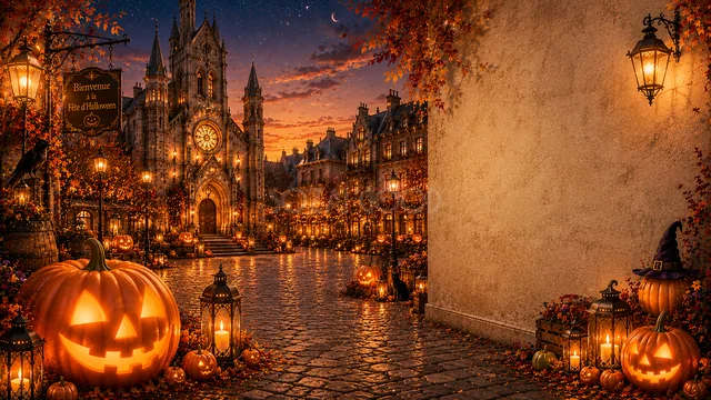 大聖堂と大きな余白を配した夕暮れのハロウィン背景（高画質PNG）