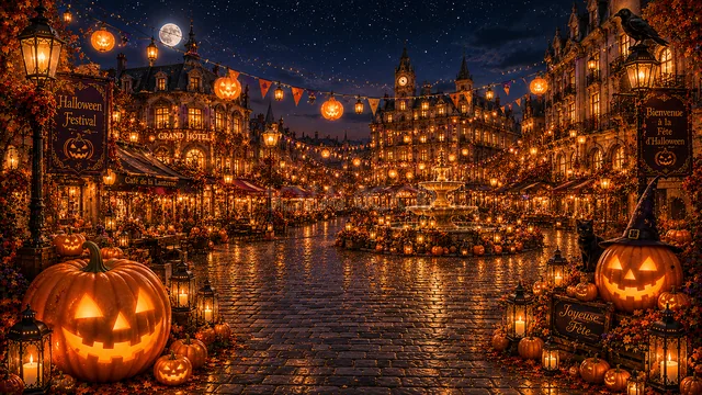 満月とガーランドが輝く夜のハロウィン広場背景（高画質PNG）
