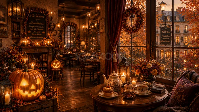 窓辺のティーテーブルとかぼちゃが輝く夜のハロウィンカフェ背景（高画質PNG）