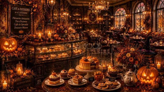ケーキとジャックオランタンが並ぶ夜のハロウィンカフェ背景（高画質PNG）