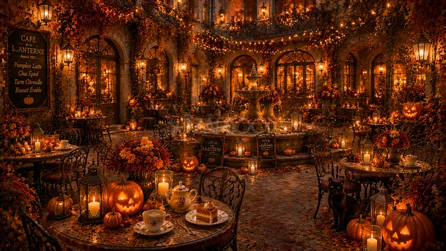 かぼちゃとキャンドルが並ぶ夜のハロウィンカフェ店内背景（高画質PNG）