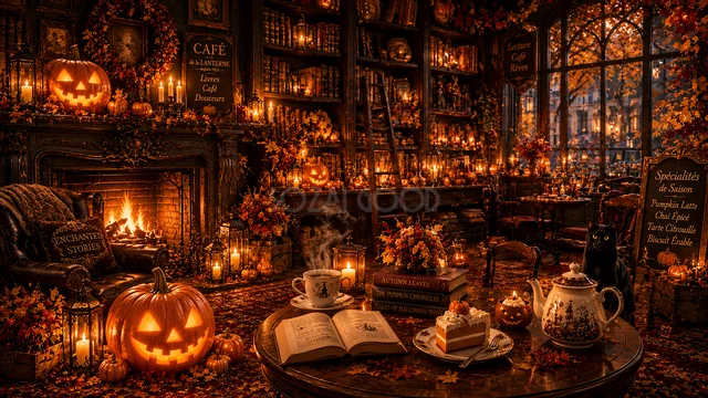 暖炉前の読書テーブルとかぼちゃが灯るカフェ背景（高画質PNG）