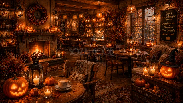 暖炉とソファにかぼちゃを飾った温かなハロウィンカフェ背景（高画質PNG）