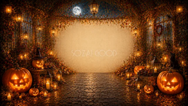 満月とランタン・ジャックオランタンで囲む余白のある夜のハロウィン背景（高画質PNG）