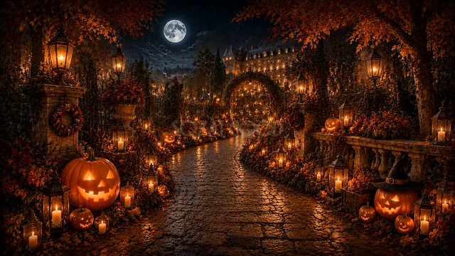 満月とランタンが輝く石畳のハロウィン街並み背景（高画質PNG）