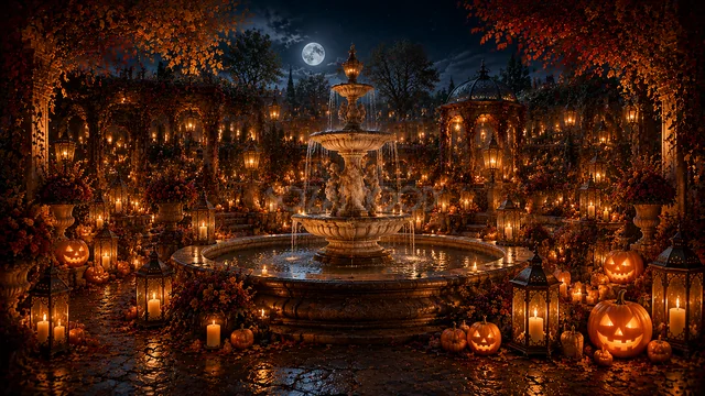 噴水とジャックオランタンを飾った夜のハロウィン広場背景（高画質PNG）