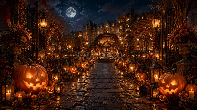 アーチ門とランタンが連なる夜のハロウィン通り背景（高画質PNG）