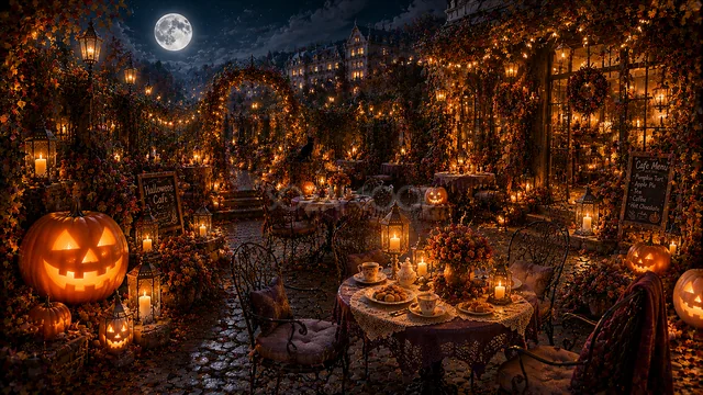 カフェテーブルとかぼちゃを飾った夜のハロウィン庭園背景（高画質PNG）