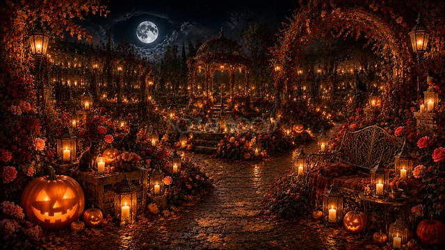 秋の花とランタンが輝く満月のハロウィンガーデン背景（高画質PNG）