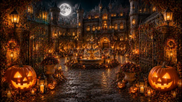 鉄門とジャックオランタンが並ぶ夜の邸宅入口背景（高画質PNG）