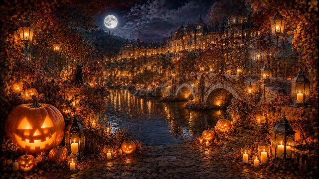 石橋と川辺のかぼちゃが輝く夜のハロウィン街背景（高画質PNG）