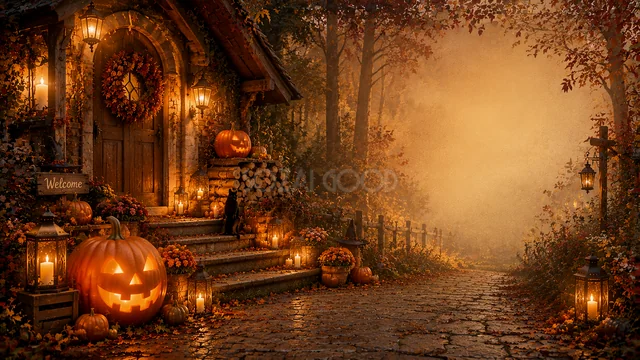 森の玄関とかぼちゃで囲む余白のあるハロウィン背景（高画質PNG）