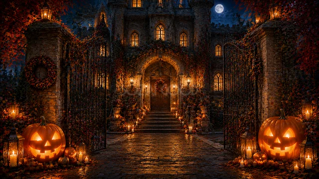 満月とかぼちゃが輝く門のあるハロウィン邸宅背景（高画質PNG）