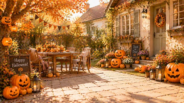 紅葉とかぼちゃを飾った明るいガーデン広場背景（高画質PNG）