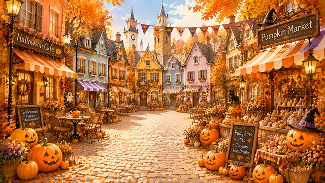 パンプキンマーケットとかぼちゃが並ぶハロウィン街背景（高画質PNG）