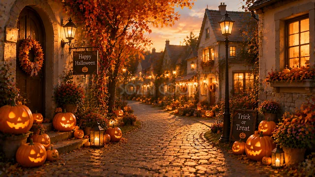 ランタンとかぼちゃが光る夜のハロウィン路地背景（高画質PNG）