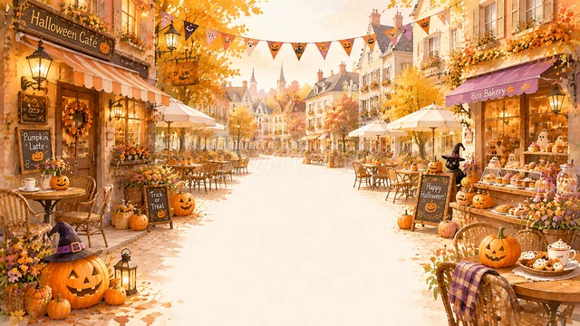 ガーランドとかぼちゃを飾った明るいハロウィン商店街背景（高画質PNG）