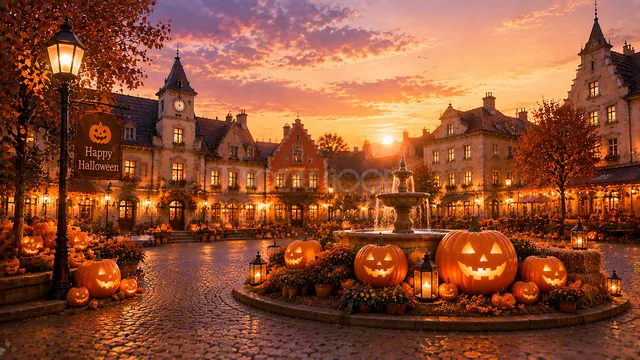 噴水とかぼちゃが輝く夕焼けのハロウィン広場背景（高画質PNG）