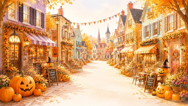 お店とかぼちゃが並ぶ明るいヨーロッパ風商店街背景（高画質PNG）