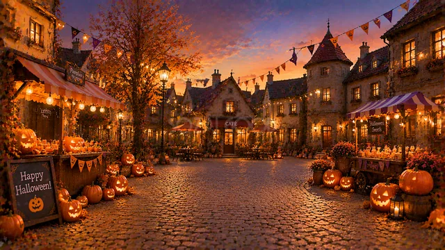 ガーランドとかぼちゃが光る夕暮れのハロウィン広場背景（高画質PNG）