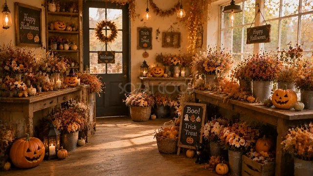 秋の花とかぼちゃを飾ったハロウィンショップ入口背景（高画質PNG）