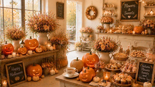 花束とかぼちゃが並ぶナチュラルなハロウィン花屋背景（高画質PNG）