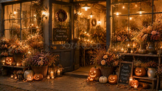ランタンとかぼちゃが灯る夜のハロウィンフラワーショップ背景（高画質PNG）