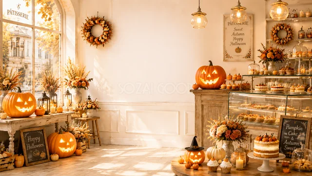 かぼちゃとケーキで囲む大きな余白のハロウィン洋菓子店背景（高画質PNG）