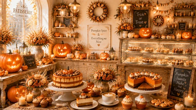 パンプキンケーキとハロウィンスイーツが並ぶ洋菓子店背景（高画質PNG）