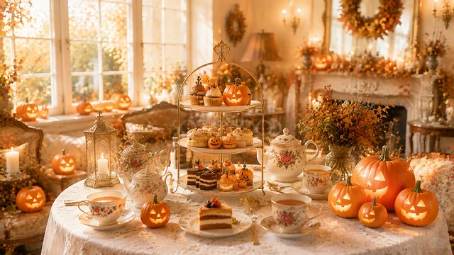 暖炉とスイーツテーブルを飾った明るいハロウィンカフェ背景（高画質PNG）