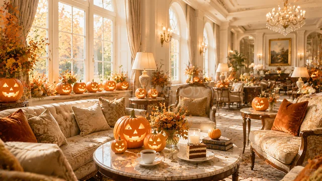 ソファとジャックオランタンを飾ったハロウィンカフェ背景（高画質PNG）