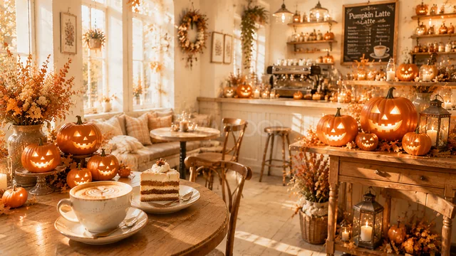 かぼちゃとケーキを飾った窓辺のハロウィンカフェ背景（高画質PNG）