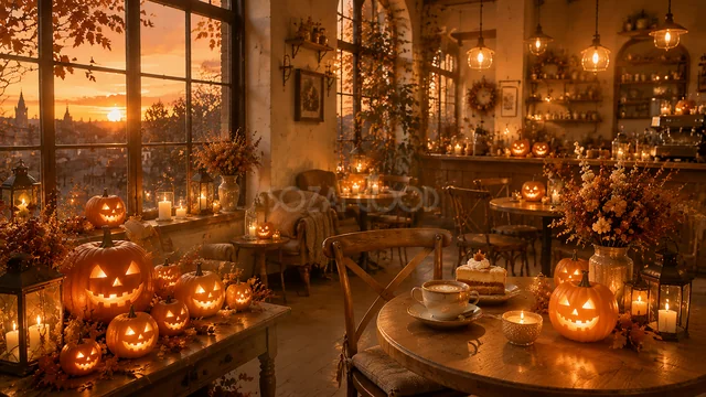 夕焼けとかぼちゃの灯りに包まれたハロウィンカフェ背景（高画質PNG）