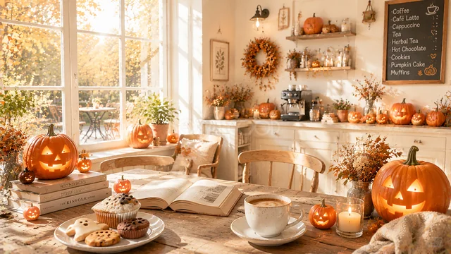 黒板メニューとかぼちゃを飾った窓辺のハロウィンカフェ背景（高画質PNG）