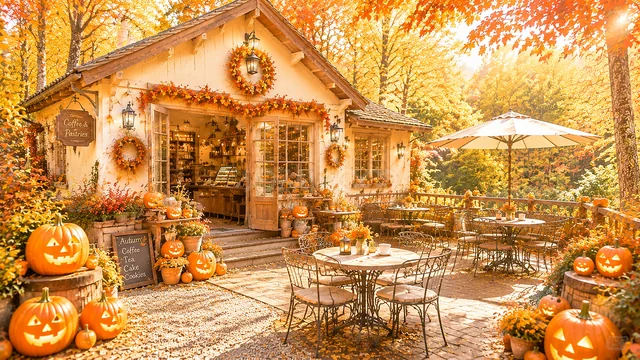 紅葉の森に建つ小さなハロウィンカフェのテラス背景（高画質PNG）