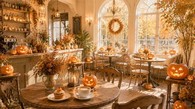 アーチ窓と花瓶を飾った上品なハロウィンカフェ背景（高画質PNG）