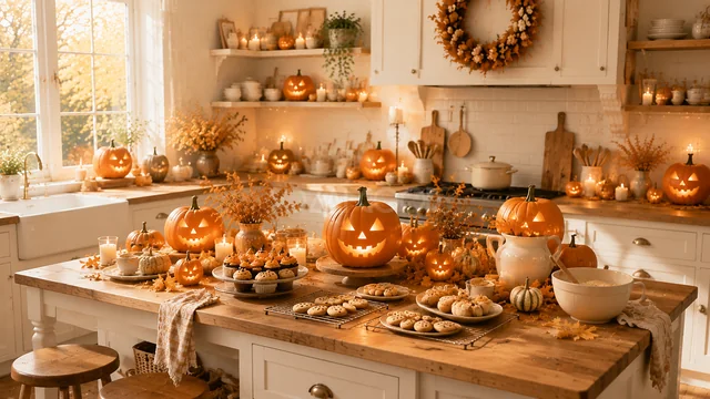 キッチンテーブルにお菓子とかぼちゃが並ぶハロウィン背景（高画質PNG）