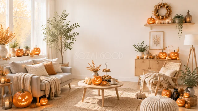 白いソファとかぼちゃを飾ったシンプルなハロウィン室内背景（高画質PNG）